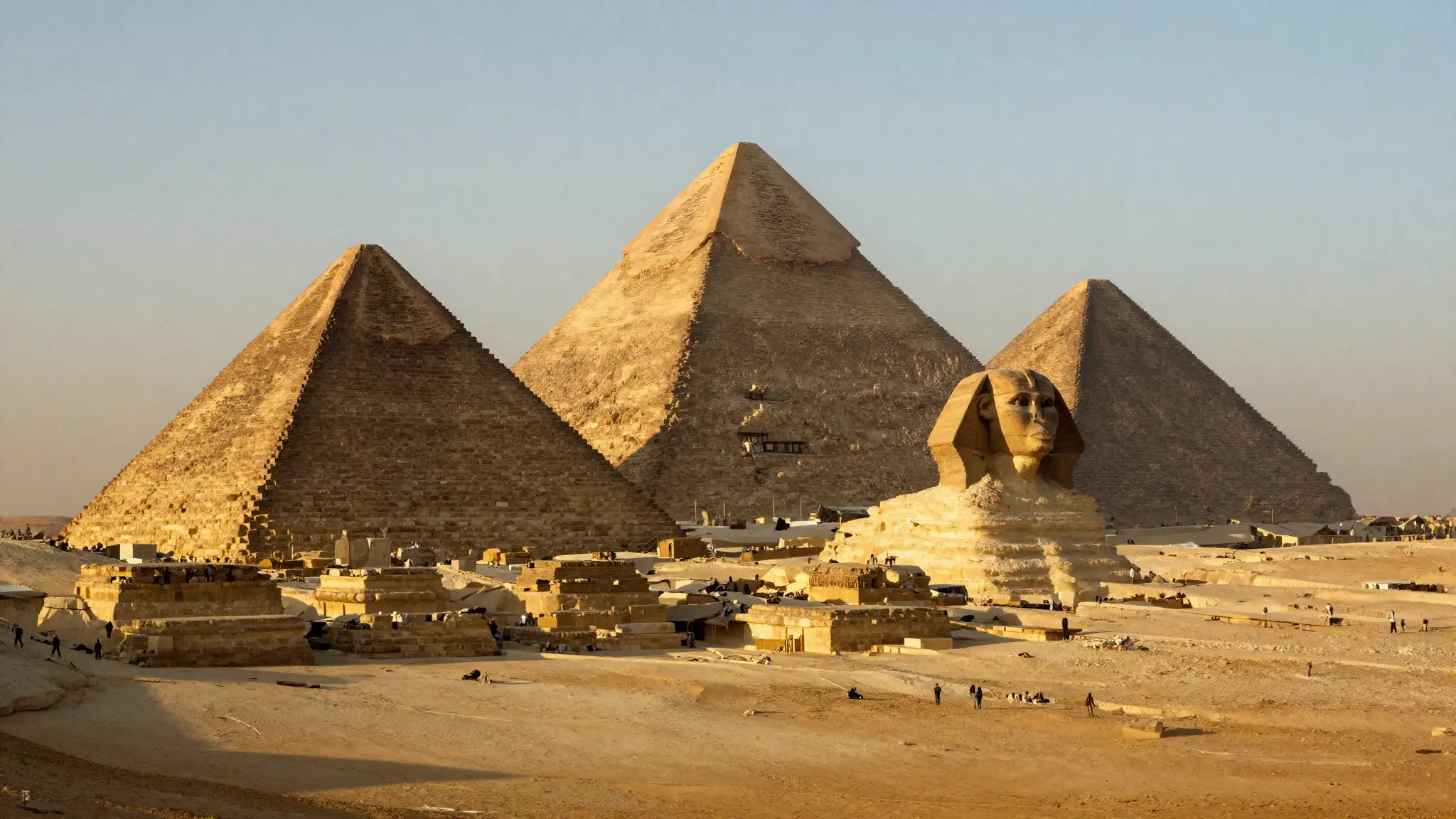 أهرامات الجيزة الثلاثة خوفو وخفرع ومنقرع في الصحراء المصرية عند ضوء الغروب